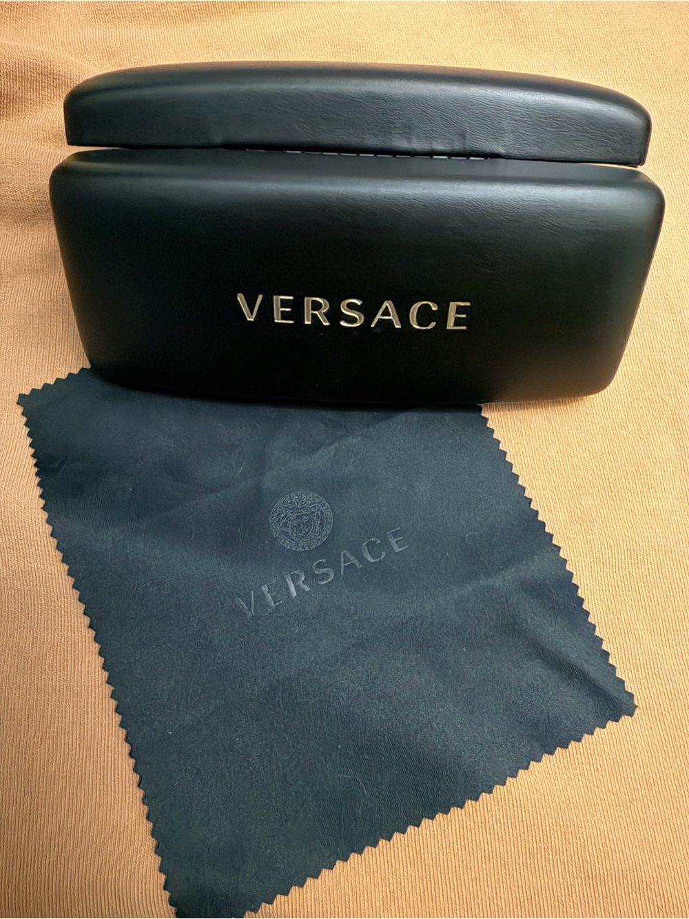 Versace Black Eyewear Case with Gold Logo and Black Cleaning Cloth